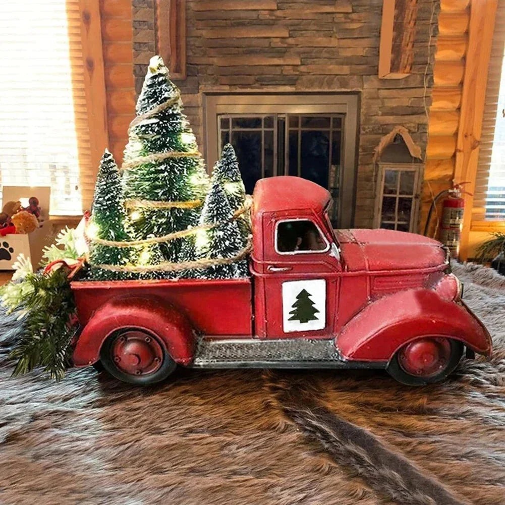 Christmas Red Truck Tabletop Decoration with Bottle Brush Trees and LED Lights