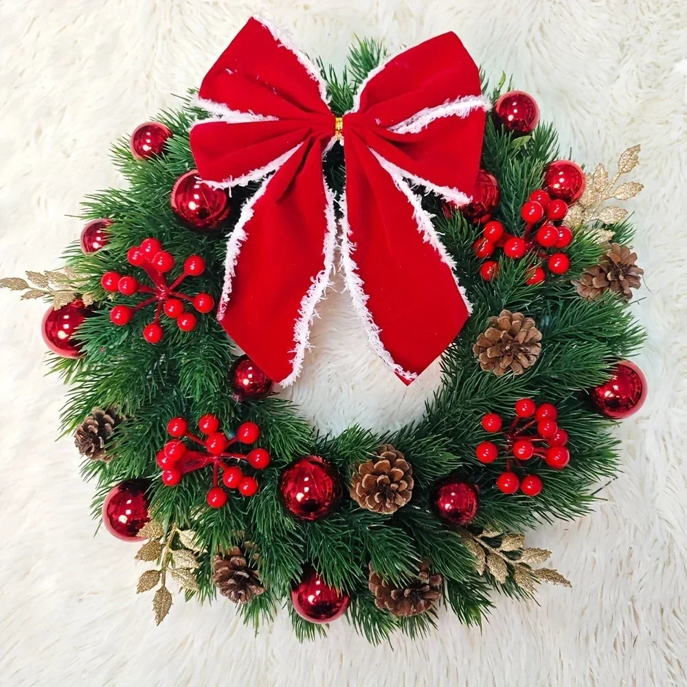Christmas Wreath with Red Velvet Bow, Ornaments, and Fairy Lights for Door or Wall Hanging
