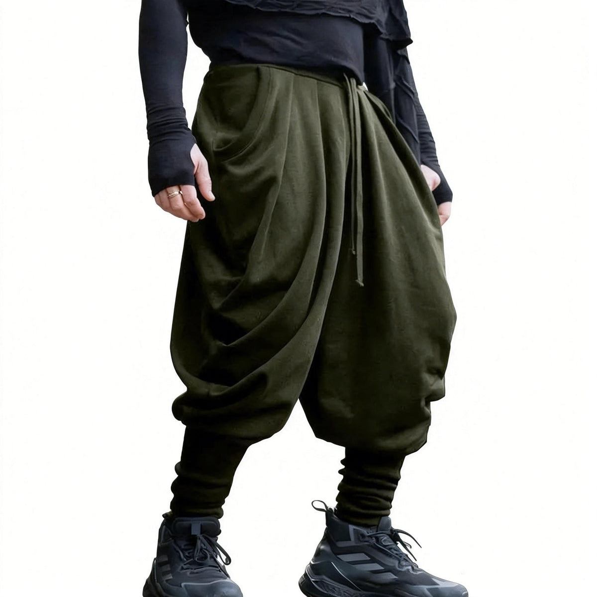 Men's Avant-Garde Harem Pants with Wrap Front, Elastic Waistband, and Slim Ankles