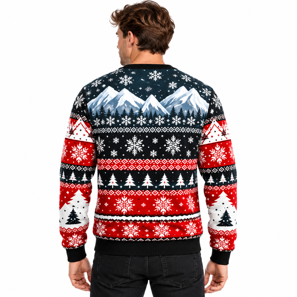 Men's Christmas Sweater | Santa, Snowman & Snow-Covered Tree Print | Crew Neck, Straight Fit & Ribbed Cuffs