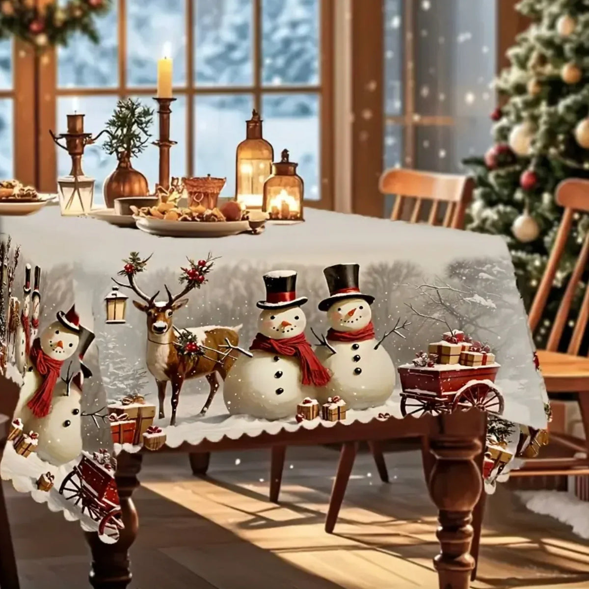 Rectangular Christmas Tablecloth with Snowman and Reindeer Print and Scalloped Lace Hem