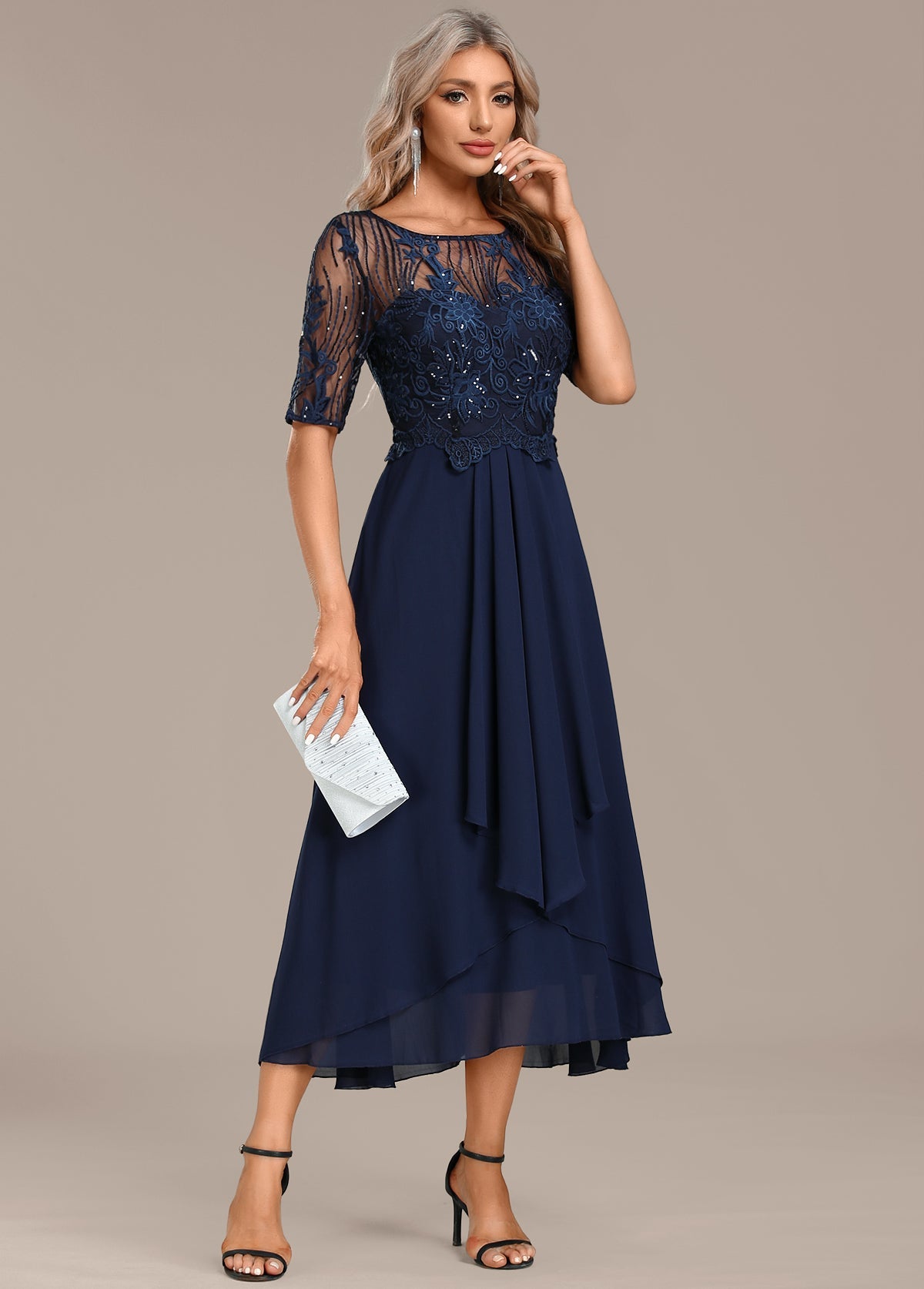 Wedding Guest Lace Midi Dress with Short Sleeves and Round Neck