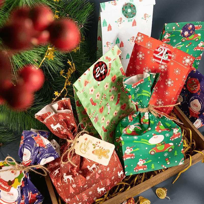 24-Pack Multicolored Christmas Gift Bags with Festive Designs