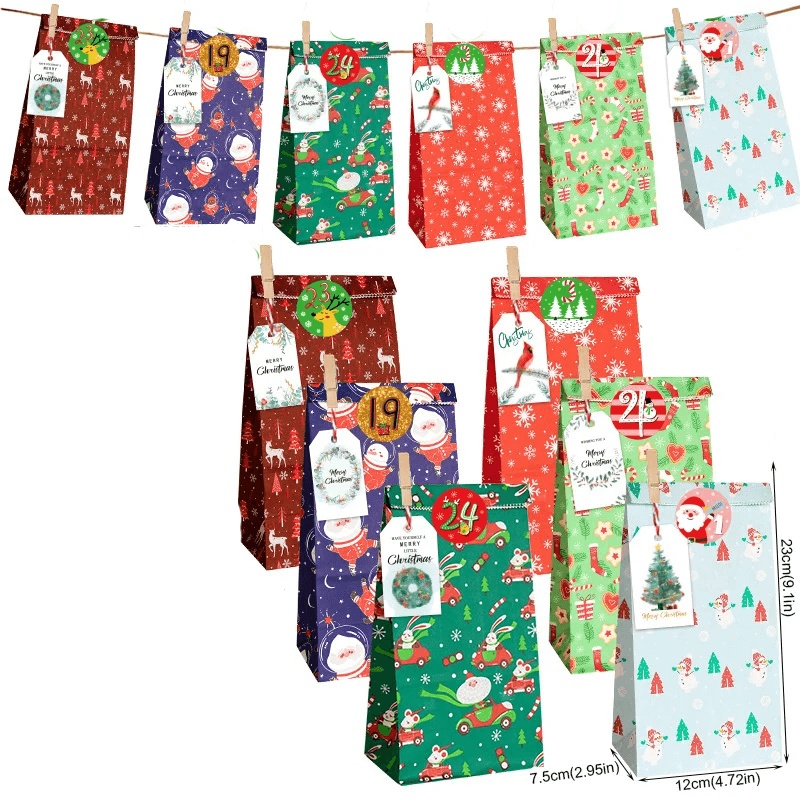 24-Pack Multicolored Christmas Gift Bags with Festive Designs