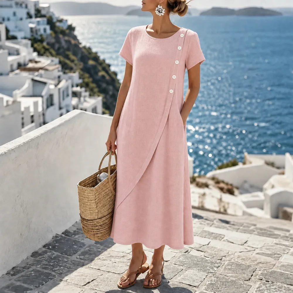 Asymmetric Button Midi Dress with Pockets