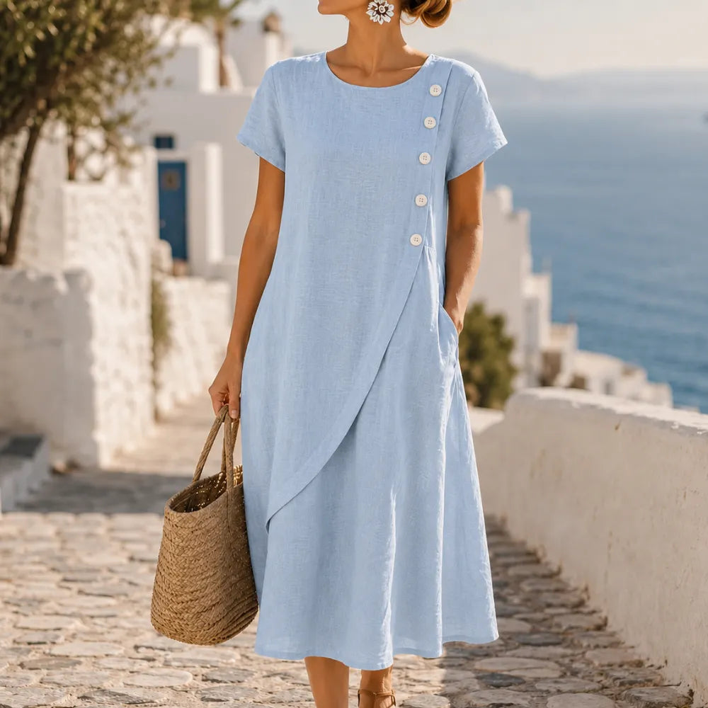Asymmetric Button Midi Dress with Pockets