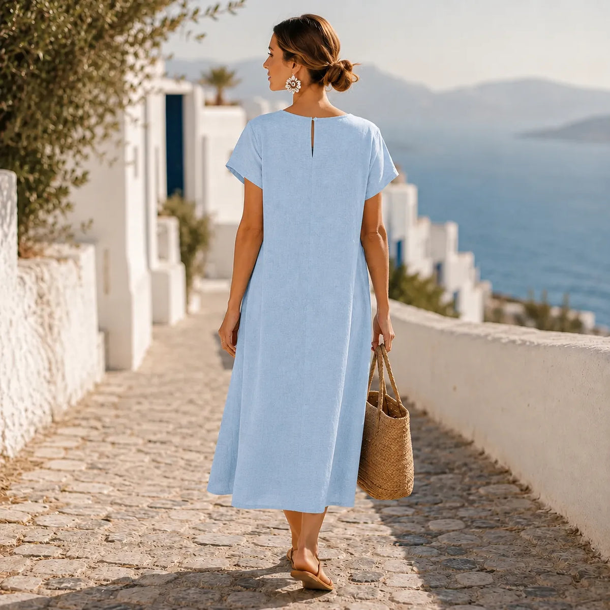 Asymmetric Button Midi Dress with Pockets
