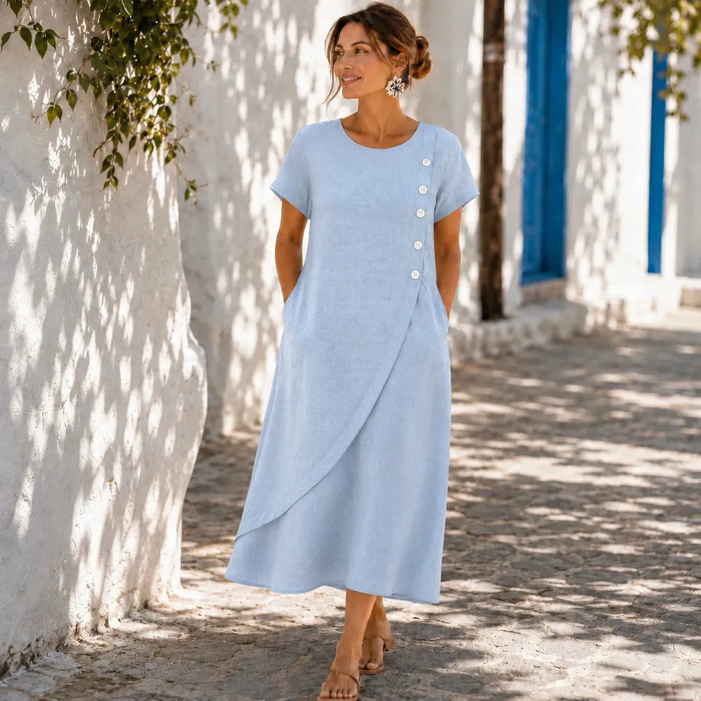 Asymmetric Button Midi Dress with Pockets