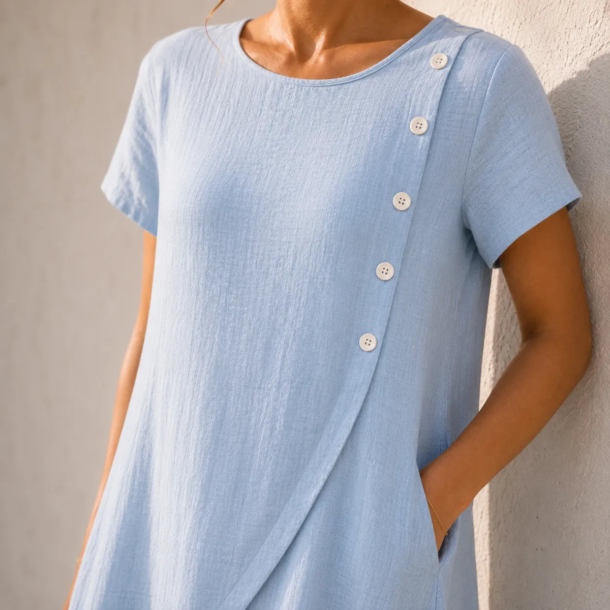 Asymmetric Button Midi Dress with Pockets