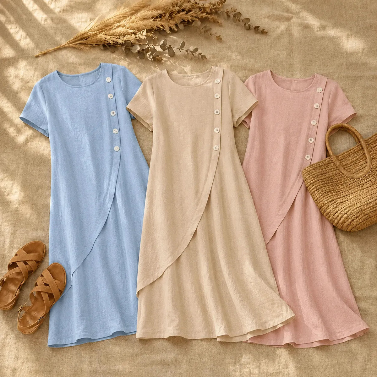 Asymmetric Button Midi Dress with Pockets