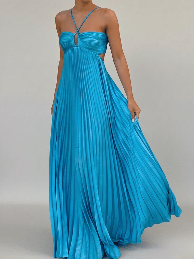 Backless Halter Pleated Maxi Dress