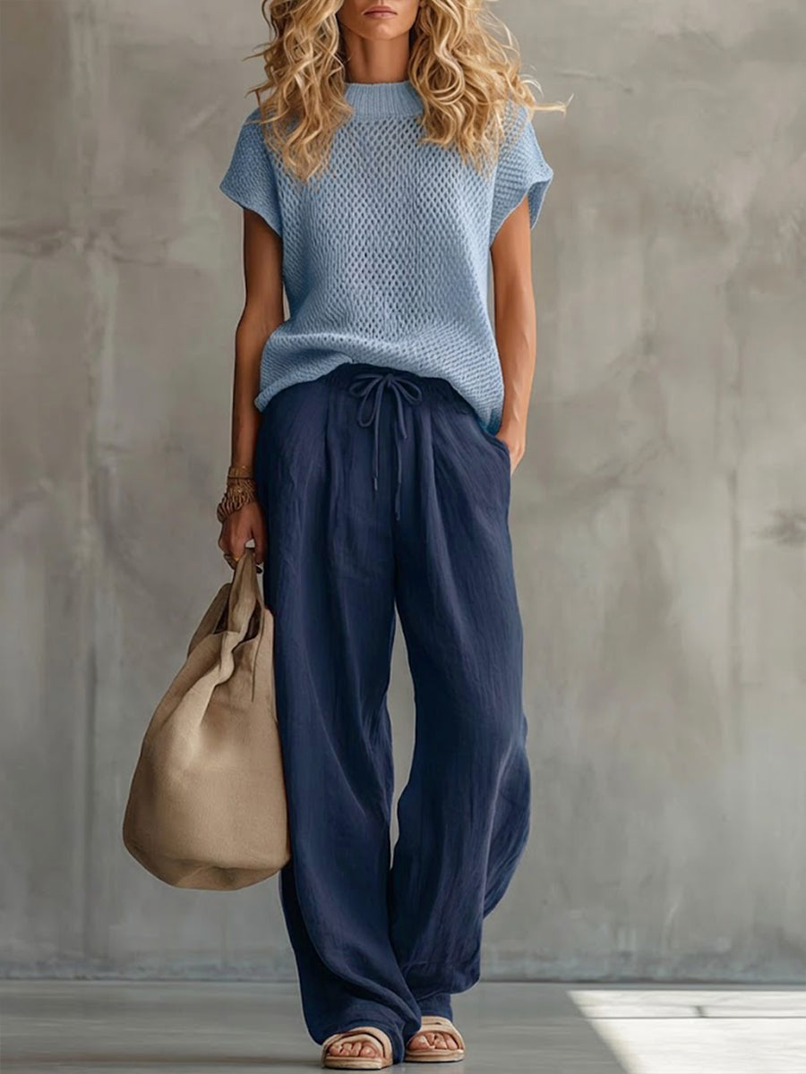 Casual Knitted Pullover Top and Cotton-Linen Trousers Two-Piece Set