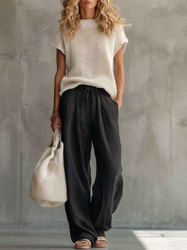 Casual Knitted Pullover Top and Cotton-Linen Trousers Two-Piece Set