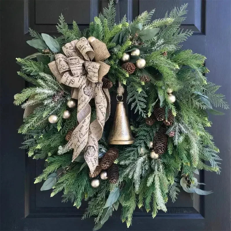 Christmas Door Wreath with Pine Cones and Jute Bow