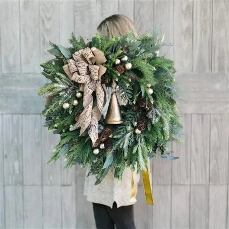 Christmas Door Wreath with Pine Cones and Jute Bow