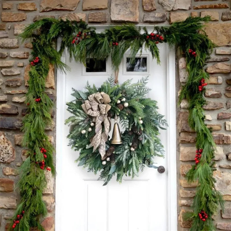 Christmas Door Wreath with Pine Cones and Jute Bow