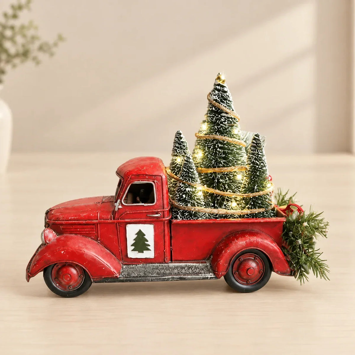Christmas Red Truck Tabletop Decoration with Bottle Brush Trees and LED Lights