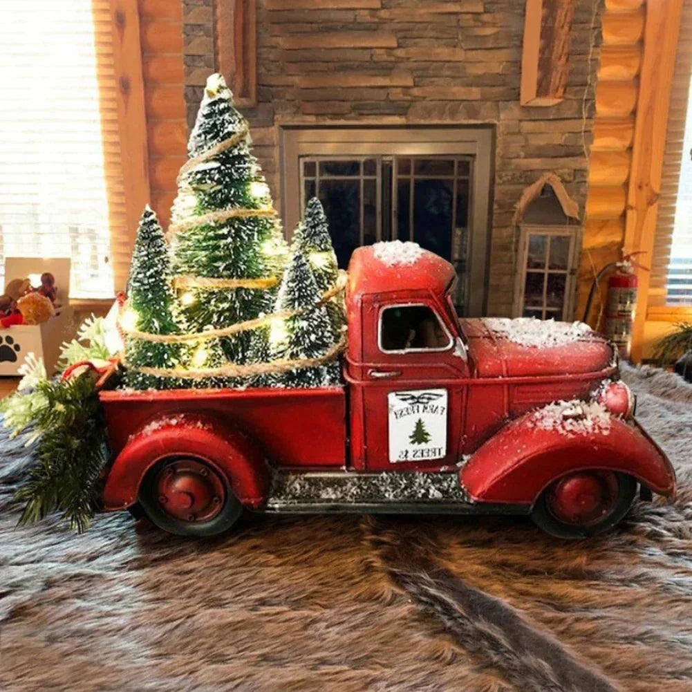 Christmas Red Truck Tabletop Decoration with Bottle Brush Trees and LED Lights