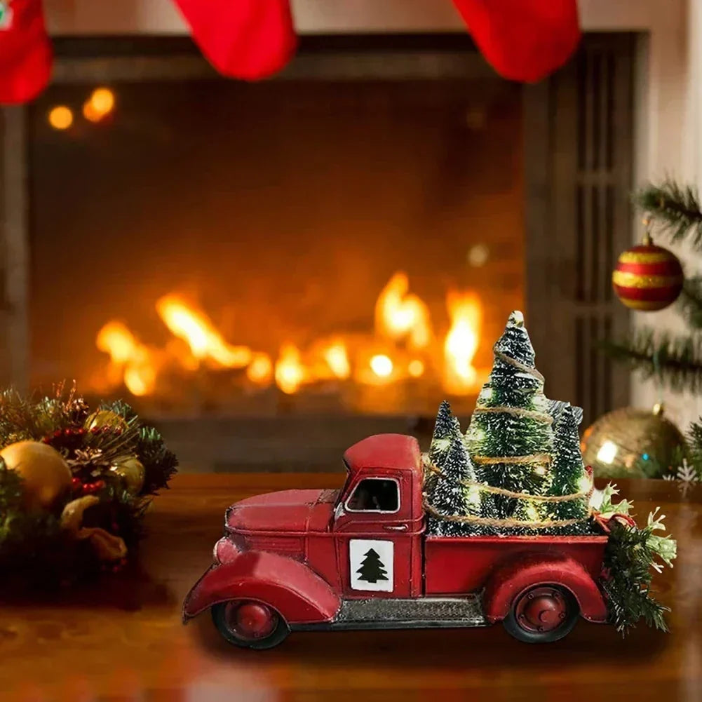 Christmas Red Truck Tabletop Decoration with Bottle Brush Trees and LED Lights