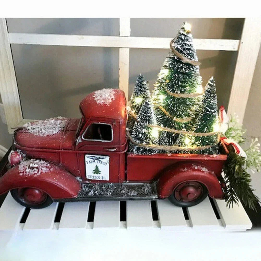 Christmas Red Truck Tabletop Decoration with Bottle Brush Trees and LED Lights