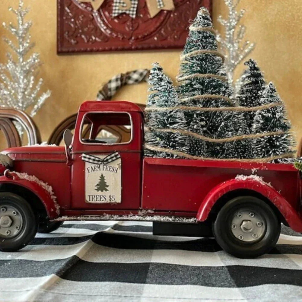 Christmas Red Truck Tabletop Decoration with Bottle Brush Trees and LED Lights
