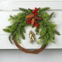 Christmas Wreath with Golden Bells, Pinecones, and Artificial Evergreen on Grapevine Base