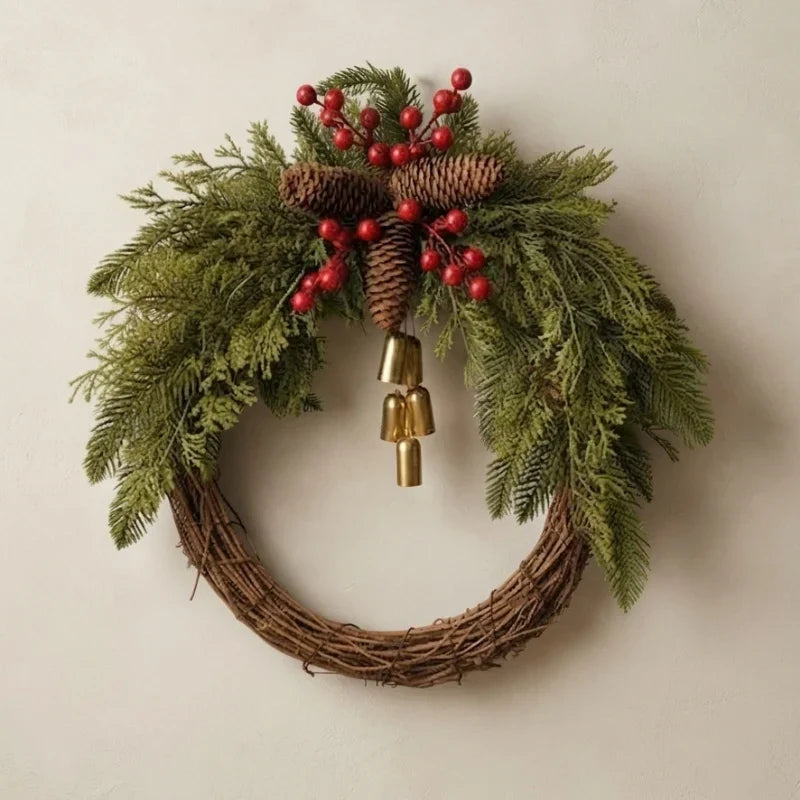 Christmas Wreath with Golden Bells, Pinecones, and Artificial Evergreen on Grapevine Base