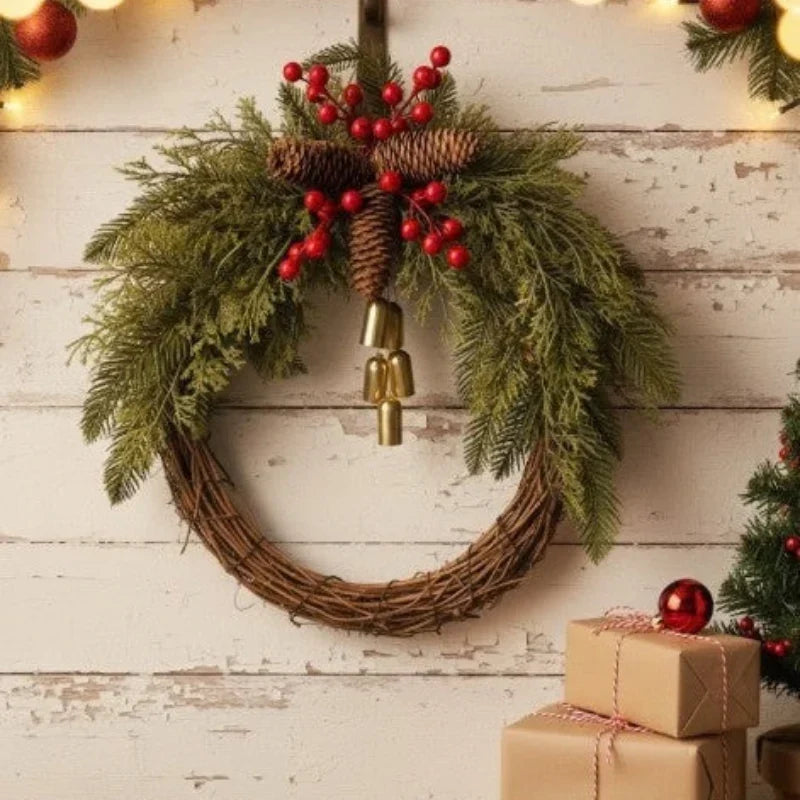 Christmas Wreath with Golden Bells, Pinecones, and Artificial Evergreen on Grapevine Base