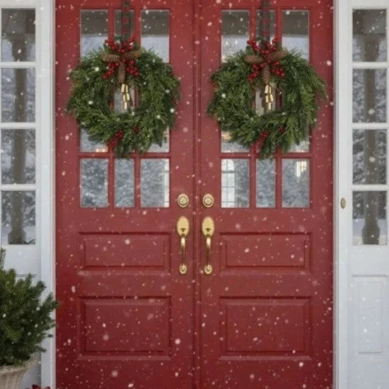 Christmas Wreath with Golden Bells, Pinecones, and Artificial Evergreen on Grapevine Base