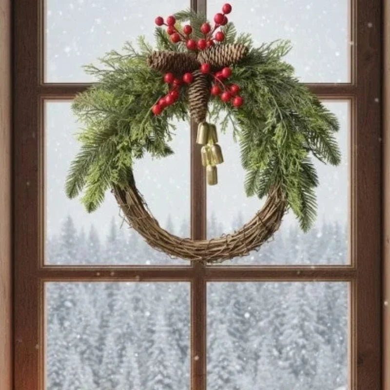 Christmas Wreath with Golden Bells, Pinecones, and Artificial Evergreen on Grapevine Base