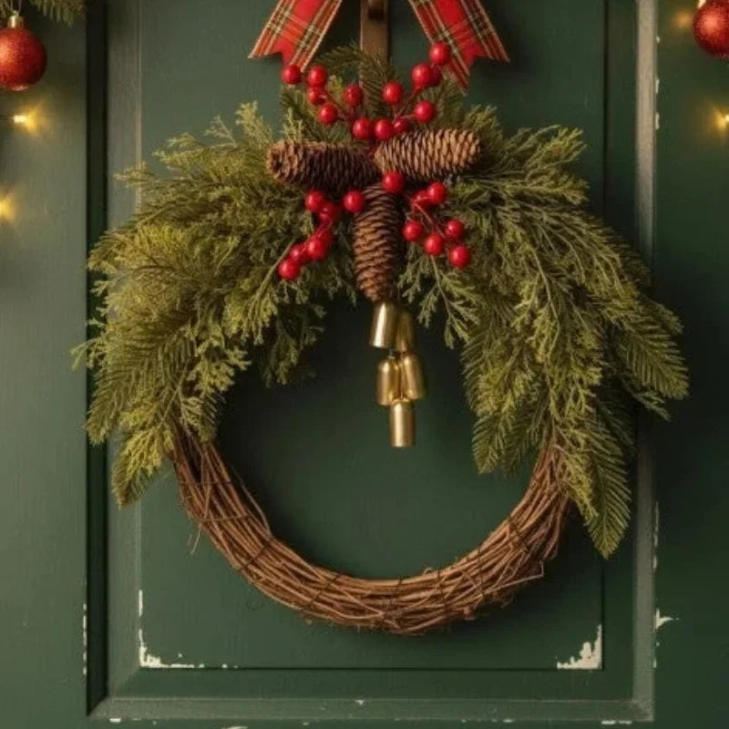 Christmas Wreath with Golden Bells, Pinecones, and Artificial Evergreen on Grapevine Base