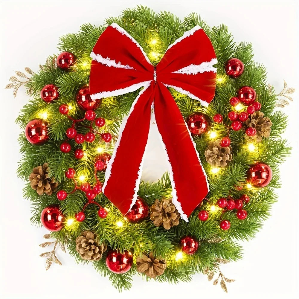 Christmas Wreath with Red Velvet Bow, Ornaments, and Fairy Lights for Door or Wall Hanging