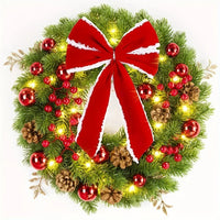 Christmas Wreath with Red Velvet Bow, Ornaments, and Fairy Lights for Door or Wall Hanging