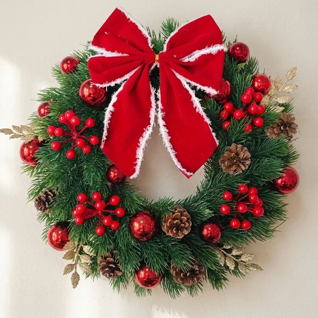 Christmas Wreath with Red Velvet Bow, Ornaments, and Fairy Lights for Door or Wall Hanging