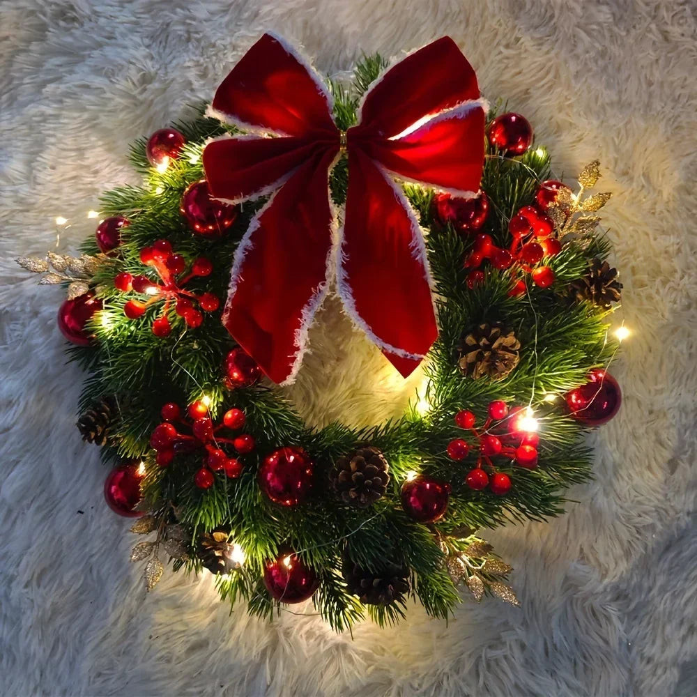 Christmas Wreath with Red Velvet Bow, Ornaments, and Fairy Lights for Door or Wall Hanging