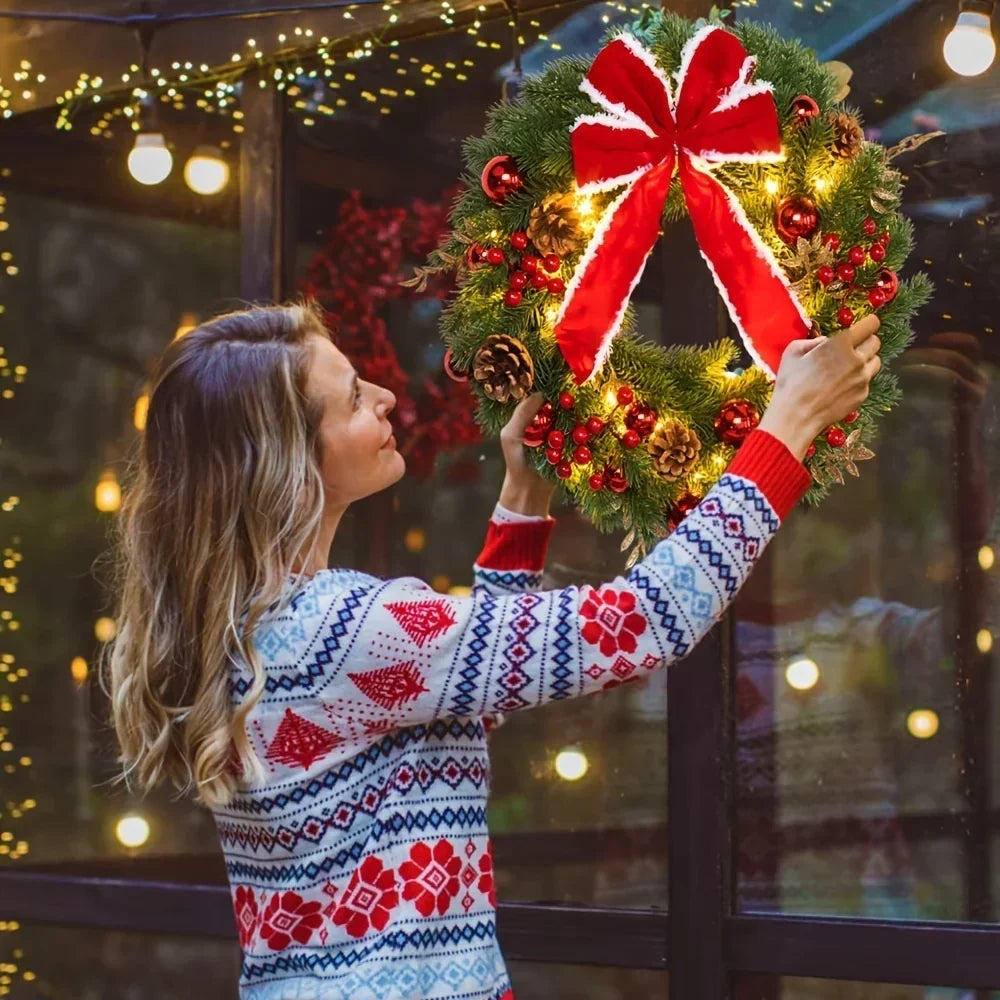 Christmas Wreath with Red Velvet Bow, Ornaments, and Fairy Lights for Door or Wall Hanging