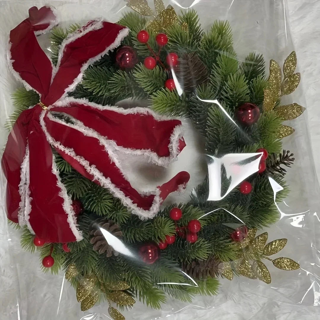 Christmas Wreath with Red Velvet Bow, Ornaments, and Fairy Lights for Door or Wall Hanging