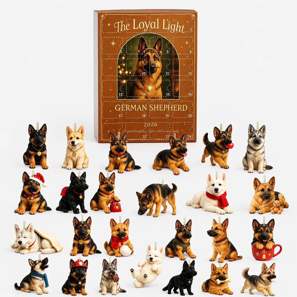 Dog Advent Calendar for Dog Lovers – 24 Acrylic German Shepherd Ornaments for Christmas Tree Decoration, Holiday Calendar