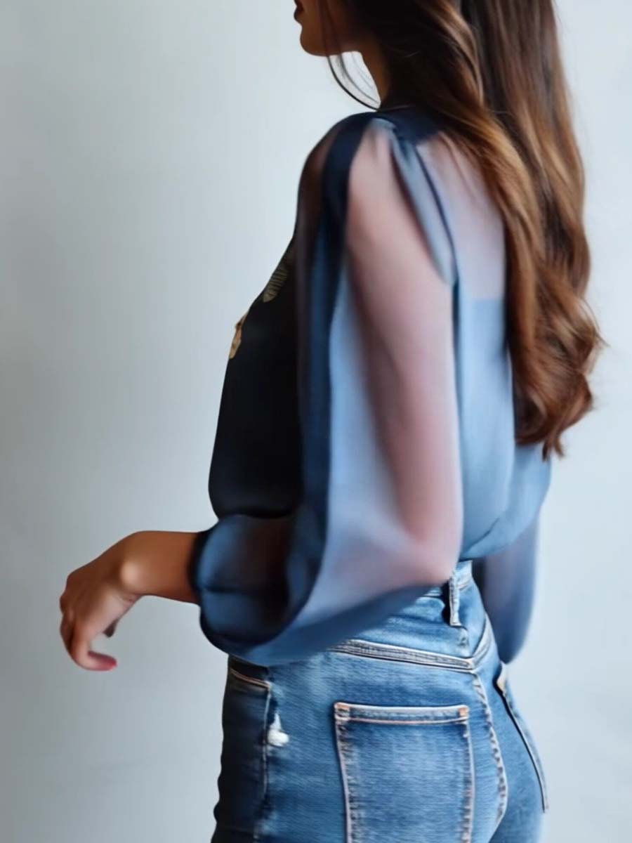 Floral Button-Up Blouse with Balloon Sleeves