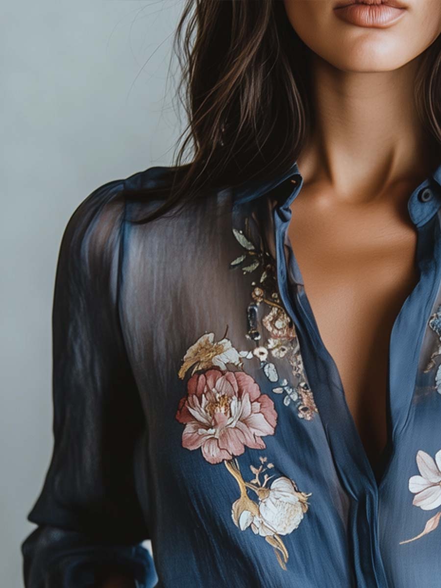 Floral Button-Up Blouse with Balloon Sleeves