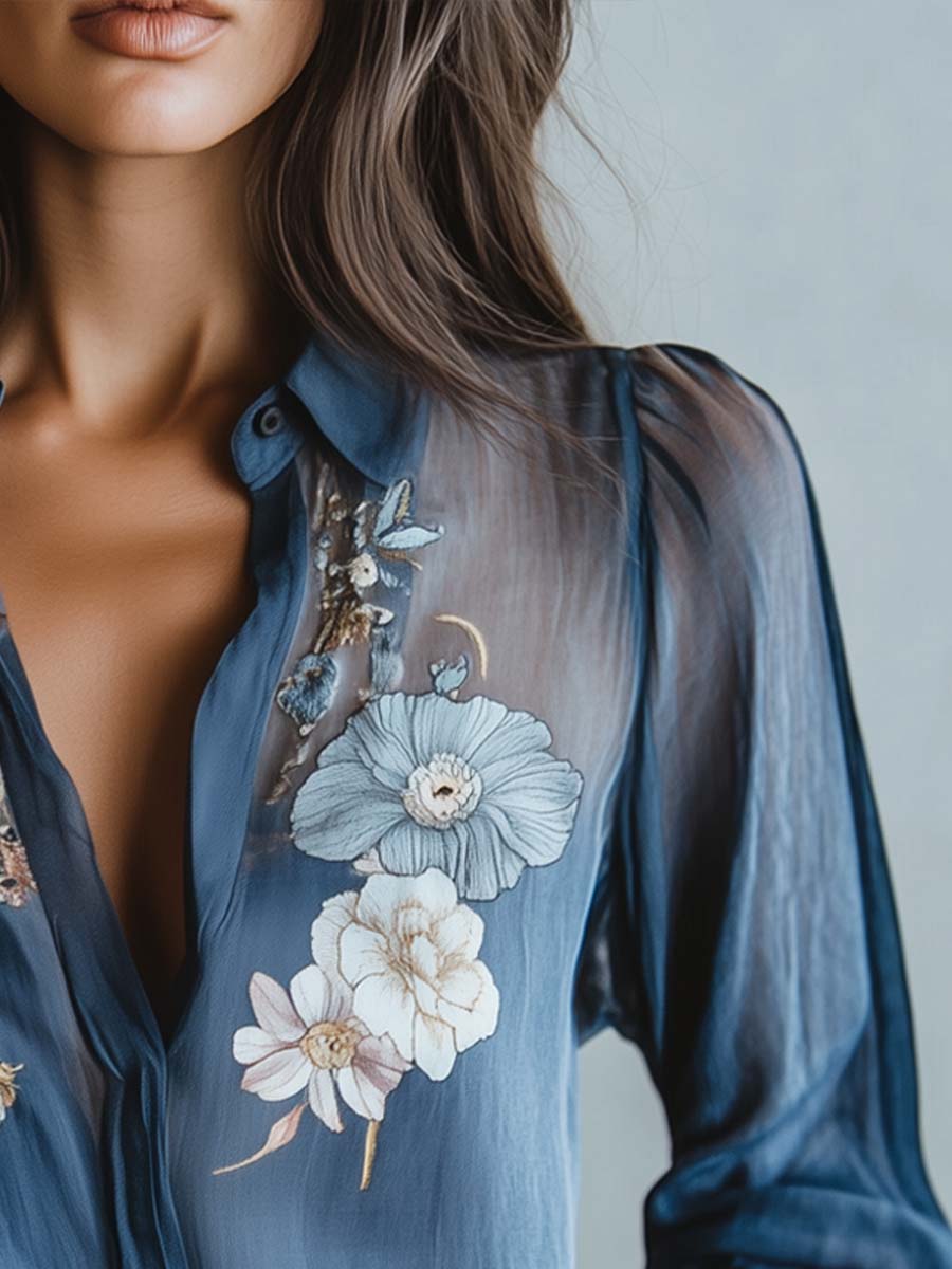 Floral Button-Up Blouse with Balloon Sleeves