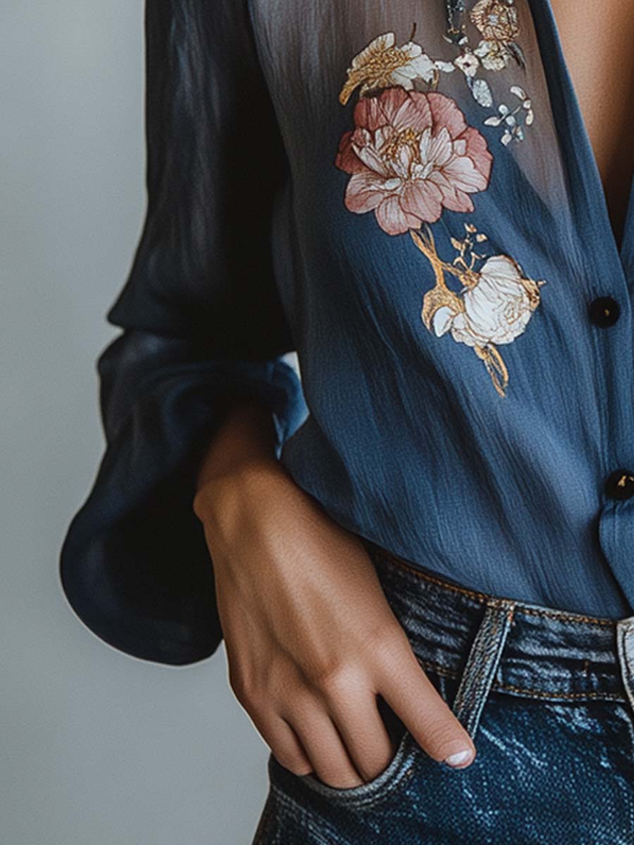 Floral Button-Up Blouse with Balloon Sleeves