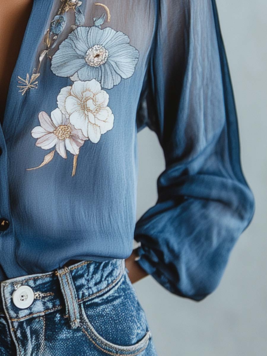 Floral Button-Up Blouse with Balloon Sleeves
