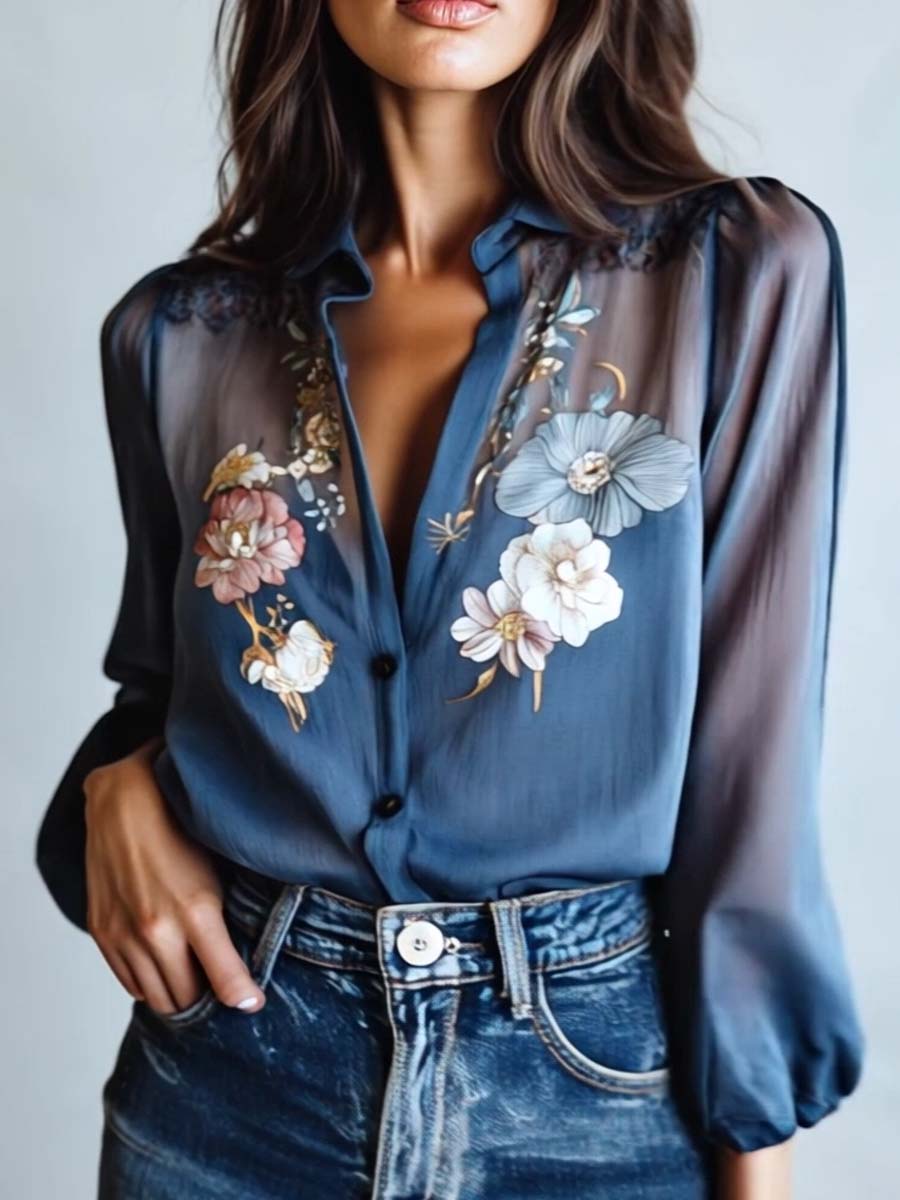 Floral Button-Up Blouse with Balloon Sleeves