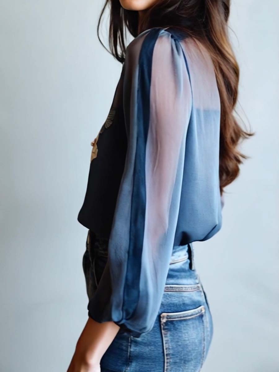 Floral Button-Up Blouse with Balloon Sleeves