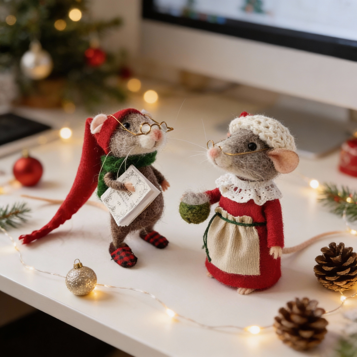 Handmade Felted Wool Mouse Holiday Ornament Decoration