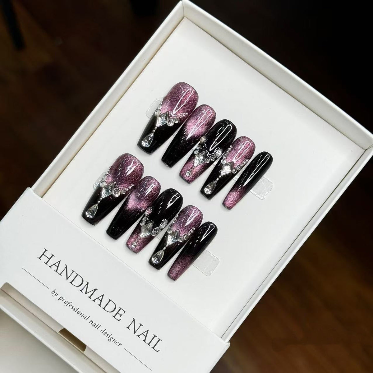 Handmade Press-On Nail Art Set with Gemstone Accents