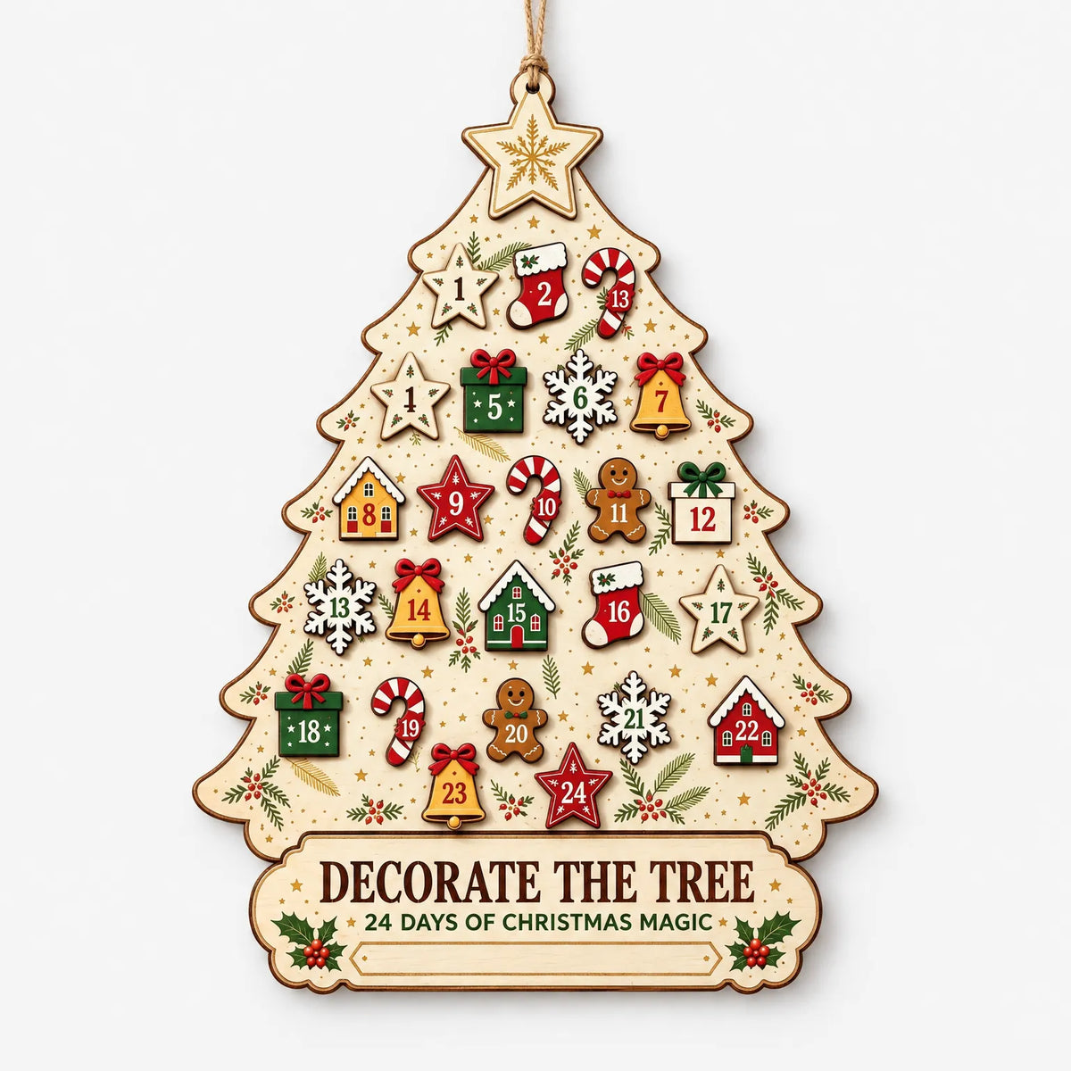Hanging Wooden Advent Calendar – Reusable Christmas Tree-Shaped Wall Calendar with 24 Wooden Ornaments