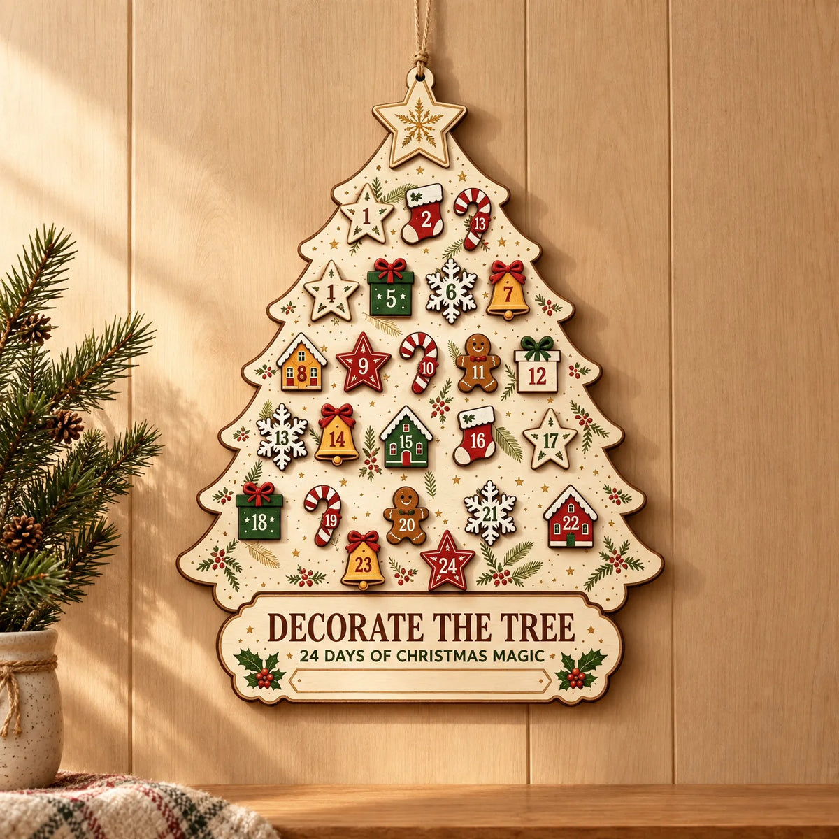Hanging Wooden Advent Calendar – Reusable Christmas Tree-Shaped Wall Calendar with 24 Wooden Ornaments