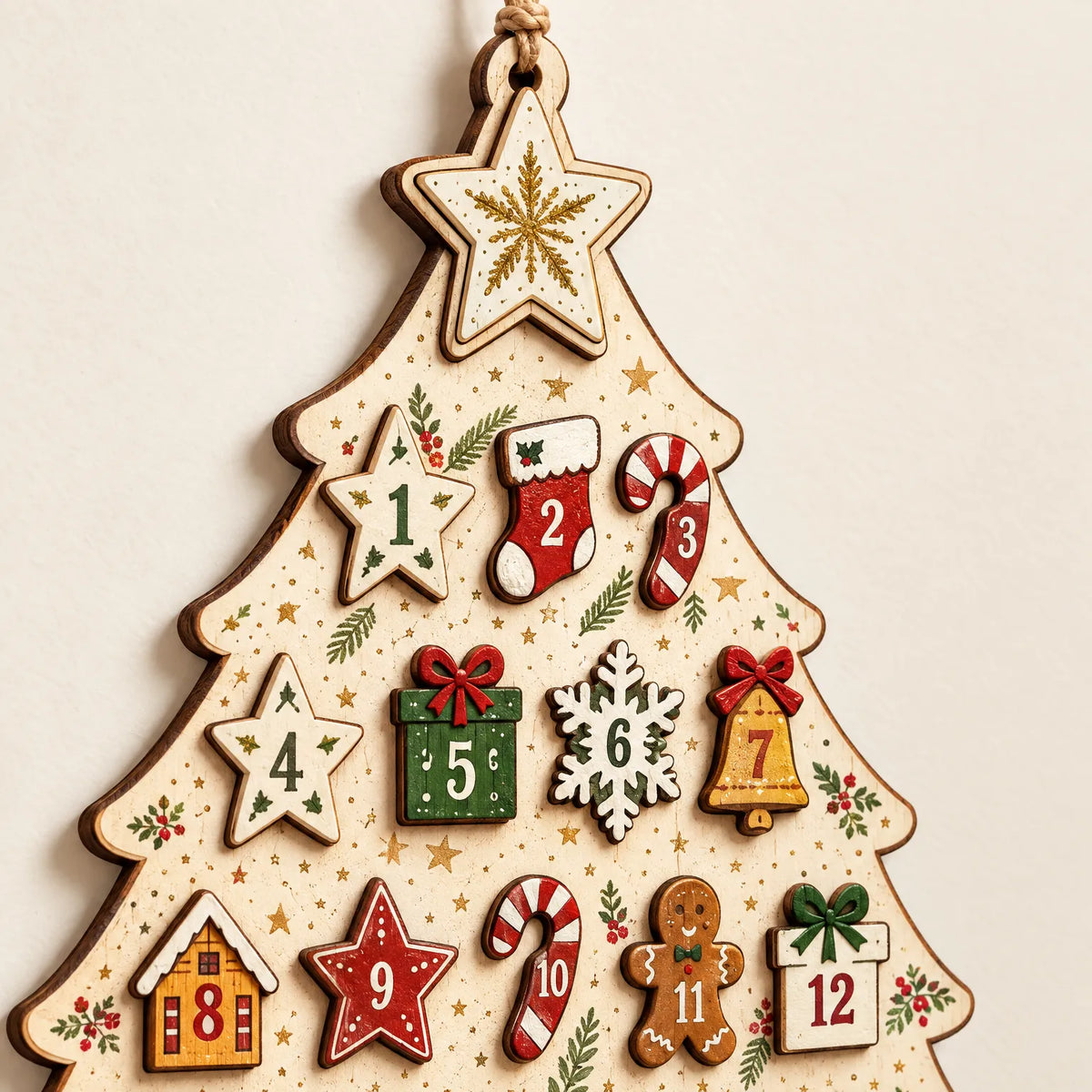 Hanging Wooden Advent Calendar – Reusable Christmas Tree-Shaped Wall Calendar with 24 Wooden Ornaments